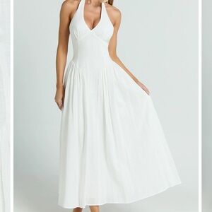 Halter V-Neck White Maxi Dress